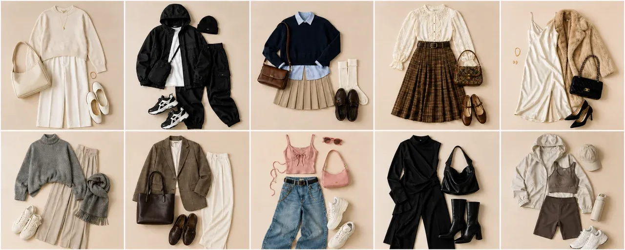 Ten flat-lay outfits in very different styles, from a minimal cream look to streetwear and vintage.